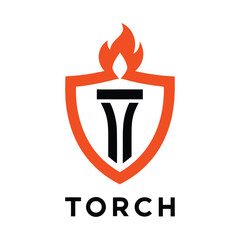 Orange shield with black torch and flame symbol and text fire emblem