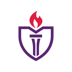 Purple shield with torch and red flame logo fire emblem