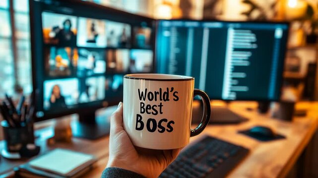 Close-up of a hand holding a coffee mug with motivational text in front of a computer workstation