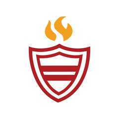 Red shield with orange flame icon on white background fire symbol