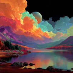 Dreamlike extraterrestrial landscape featuring vivid rainbow clouds, a large distant planet, colorful mountains, and a still lake with reflections under a starry sky.