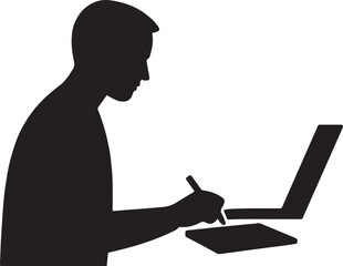 Silhouette of a person working diligently on a laptop computer with a pen in hand and a notebook on a white background