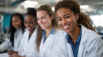 A group of four diverse female scientists smiling in a laboratory. They are wearing lab coats and engaged in scientific work, showcasing teamwork and collaboration.
