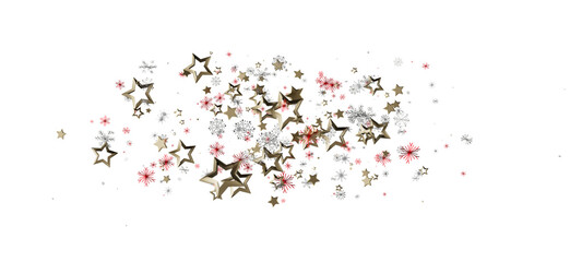 Decorative gold stars and red snowflakes float on a white background perfect for holiday designs, Christmas cards, or New Year celebrations.