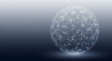 Abstract glowing sphere with interconnected nodes and lines on a dark gradient background
