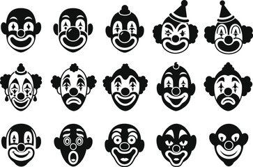 Clown Face Vector Set Silhouette for Circus, Festival, and Halloween Design