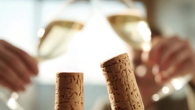 Two corks fly into the air as wine is poured into glasses during a joyful celebration