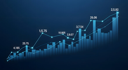 Futuristic digital graph showing upward financial trend and data analytics with glowing bars and abstract charts