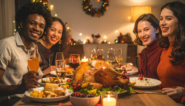 Diverse friends celebrating Thanksgiving or Christmas dinner with roasted turkey and festive decorations.