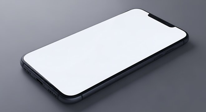 Angled view of a smartphone with a blank white screen lying on a gray surface in a studio shot