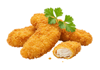 Isolated chicken fingers, golden fried nuggets with parsley sprig, healthy quick snack meal