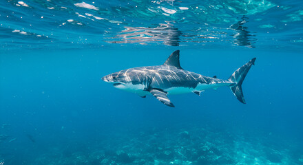 Obraz premium Shark Swimming Underwater in Clear Ocean Water