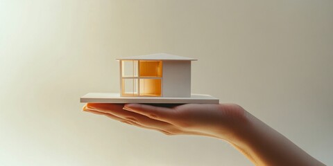 A beautifully crafted model house rests gently in a hand. This image showcases architecture and design. Ideal for real estate, design projects or inspiration. AI