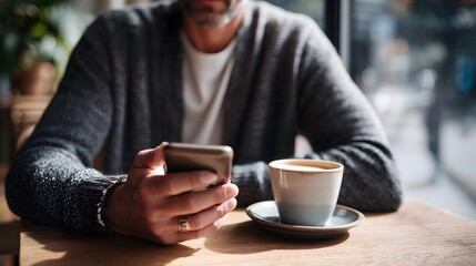Man checking phone beside coffee cup in cafe