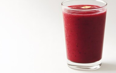 Refreshing glass of vibrant red smoothie with banana slice on top isolated