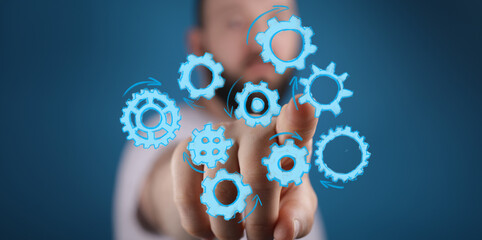 Abstract image of gears symbolizing teamwork, collaboration, and synergy in business and technology.