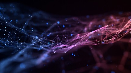 Abstract technological background featuring a glowing network of interconnected dots and lines with a blue to pink color gradient, symbolizing data flow and global connections.