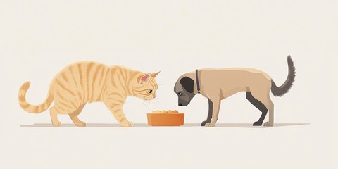 A playful scene featuring a cat and dog sharing a food bowl. This illustration captures the essence of friendship between pets. A vibrant and friendly style. Perfect for pet lovers. AI