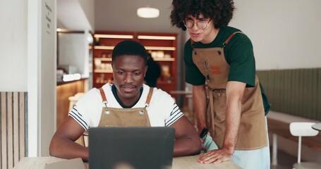 Team, review and people in cafe with laptop, motivation and feedback on startup growth. Fist bump, conversation and entrepreneurs in coffee shop with discussion, support and goals for small business. - Powered by Adobe