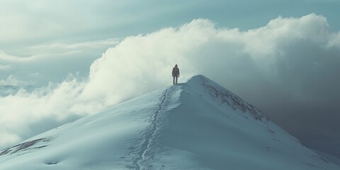A lone figure stands atop a snowy peak surrounded by clouds. This serene moment captures the beauty of nature. Ideal for outdoor and adventure themes. Inspirational imagery for various purposes. AI