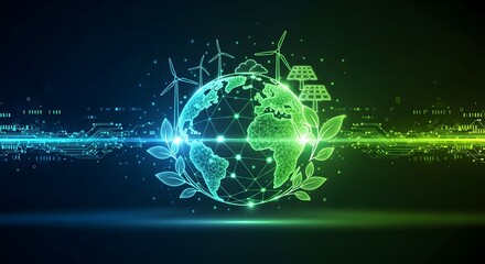 Digital earth with glowing connections, wind turbines, solar panels, and leaves, dark background
