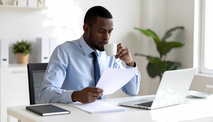 Obraz premium Focused African American businessman reviewing documents and drinking coffee at his office desk.