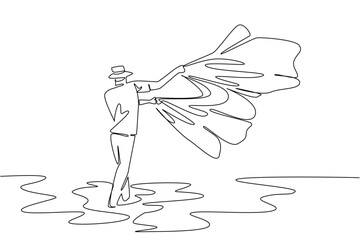 Single continuous line drawing a man wearing hat standing in the sea throwing a net into the middle of the sea. Widening the net to catch fish. Fisherman Hold Fish. One line design vector illustration