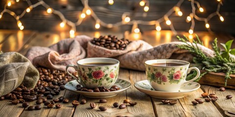 Naklejka premium Two floral teacups of aromatic coffee, surrounded by roasted beans, nestled on a rustic wooden table with warm lighting and soft textiles.