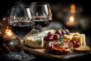 Sophisticated and romantic scene with two glasses of red wine and a charcuterie board. It's set on a wooden table in a dimly lit, elegant restaurant.