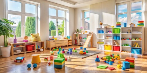 Obraz premium Bright and airy playroom with colorful educational toys and ample natural light