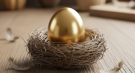 A golden egg nestled in a bird's nest sitting on a wooden surface with feathers around it