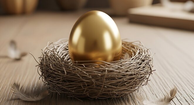 A golden egg nestled in a bird's nest sitting on a wooden surface with feathers around it