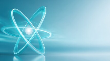 Modern Atomic Design: A Futuristic Representation of Atomic Structure with Glowing Electron Orbits Against a Soft Blue Background