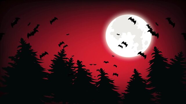Halloween scene: Night falls and hundreds of bats come out of hiding under the full moon.