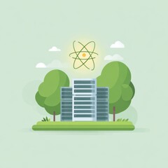 A Modern Data Center Surrounded by Lush Greenery and Symbolizing Energy Efficiency with an Atom Icon Above