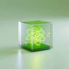 A Futuristic Green Atom Model Encased in a Transparent Cube, Emitting a Soft Glow and Representing Advanced Scientific Concepts and Discoveries