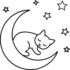 kitten sleeping on crescent moon surrounded by vector illustration on transparent background