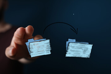 Concept of data transfer, file sharing, cloud storage, online collaboration, digital workflow,...