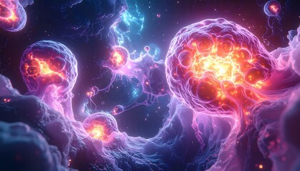 Vibrant Microscopic View of Glowing Cellular Structures and Energy Fields in a Biological Environment.