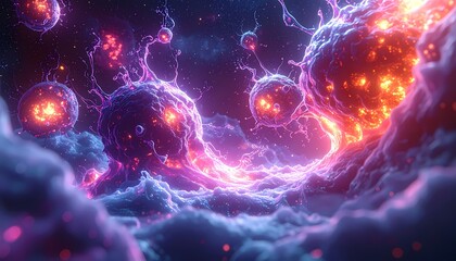 Obraz premium Vibrant Cosmic Nebula with Glowing Orbs and Swirling Energy.