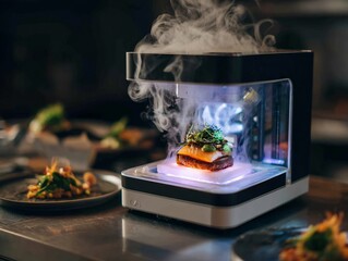 Gourmet Dish Presentation in Modern Culinary Device with Aromatic Smoke