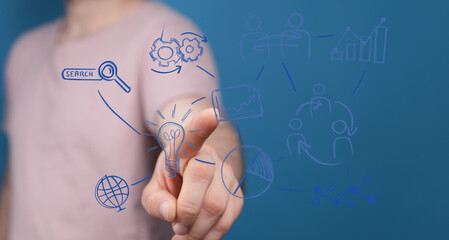 A hand interacting with a digital interface showing business process, innovation, and growth. Perfect for business, technology, and idea generat