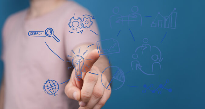 A hand interacting with a digital interface showing business process, innovation, and growth. Perfect for business, technology, and idea generat