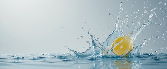 A vibrant slice of lemon splashes into clear blue water creating dynamic ripples and droplets