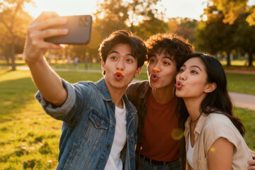 Three young friends making funny duck faces with chips while taking selfie together in sunny park during golden hour