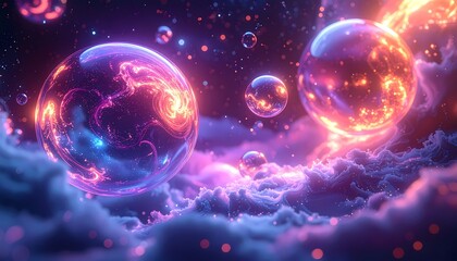 Vibrant Cosmic Orbs Amidst Nebulous Clouds in a Galactic Dreamscape.