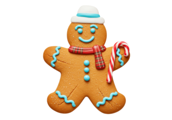 Isolated gingerbread man cookie wearing a hat and scarf holding a candy cane for Christmas