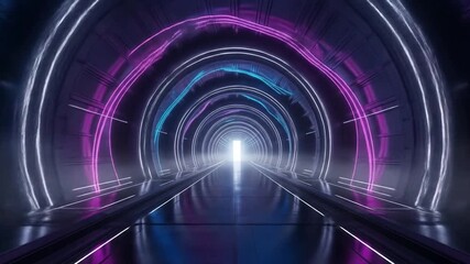 Futuristic Neon Tunnel with Glowing Light Trails and Reflective Floor for Modern Visuals, Ideal for Abstract Backgrounds and Creative Content - Powered by Adobe
