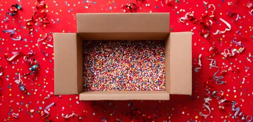 Open shipping box with colorful confetti bursting out, creative concept of online shopping celebration, surprise delivery, and joyful unboxing experience on a clean background