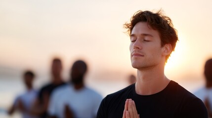 A serene moment at sunset with individuals practicing mindfulness. This image captures peace with a focus on meditation. Perfect for wellness and relaxation themes. AI